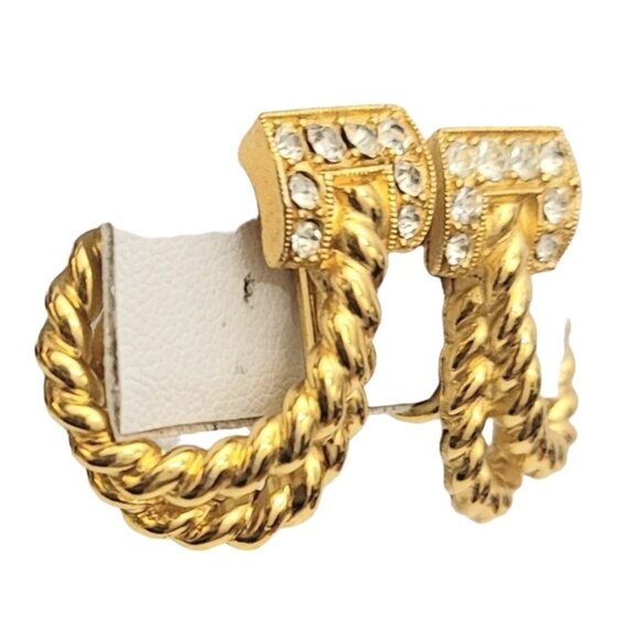 Trifari Gold Tone Clear Rhinestone Rope Twist J Hoop Clip Earrings, Signed M280 - Picture 2 of 6